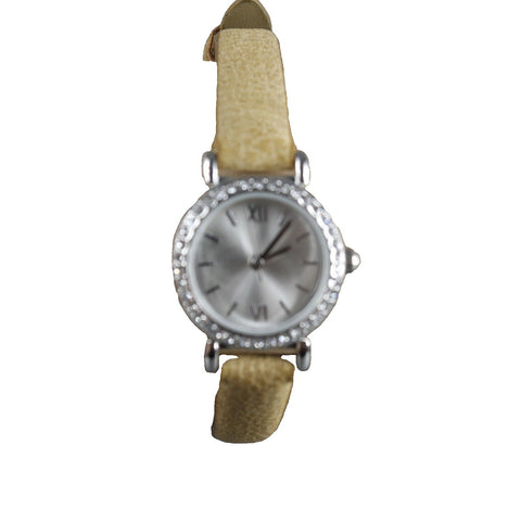 BKE 8.5" Tan Brown Leather CZ Silvertone Stainless Steel Wrist Watch