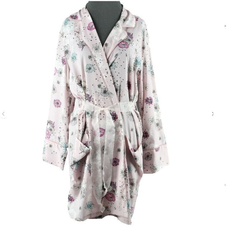 Midnight Bakery Sz M Pink Black Multi Floral Belted Pockets Poly Blend Robe
