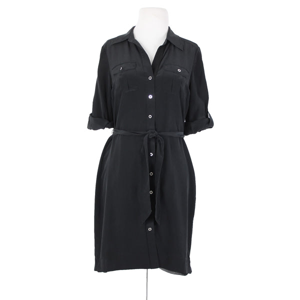 White House Black Market Silk Sz 2 Black Buttons Belted Collared Silk Poly Dress