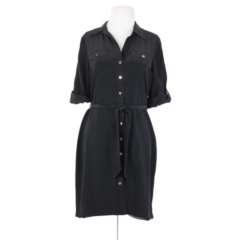 White House Black Market Silk Sz 2 Black Buttons Belted Collared Silk Poly Dress
