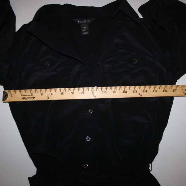 White House Black Market Silk Sz 2 Black Buttons Belted Collared Silk Poly Dress