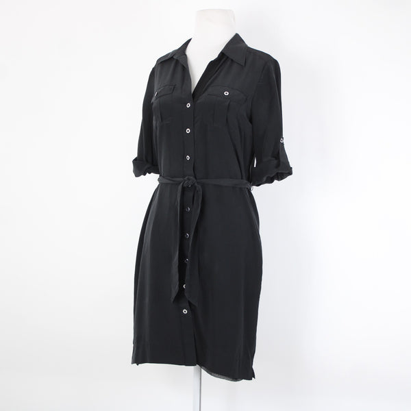 White House Black Market Silk Sz 2 Black Buttons Belted Collared Silk Poly Dress