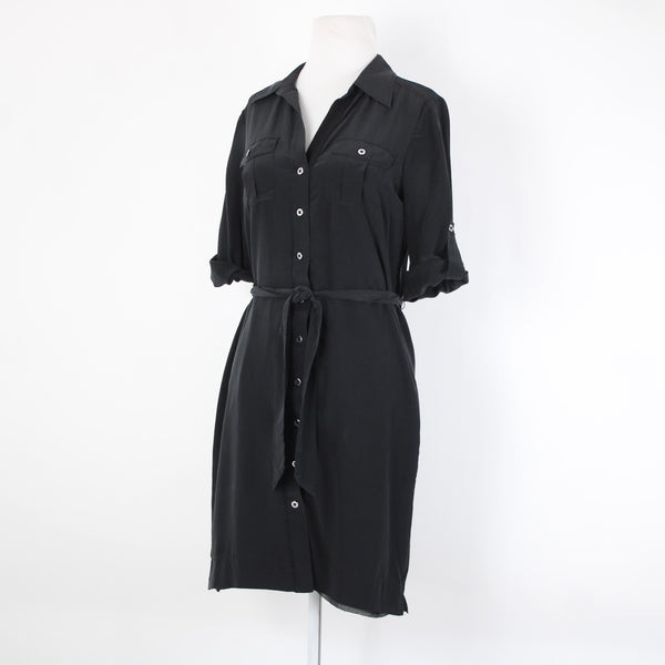 White House Black Market Silk Sz 2 Black Buttons Belted Collared Silk Poly Dress