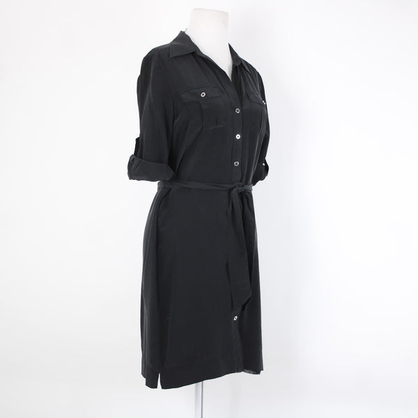 White House Black Market Silk Sz 2 Black Buttons Belted Collared Silk Poly Dress