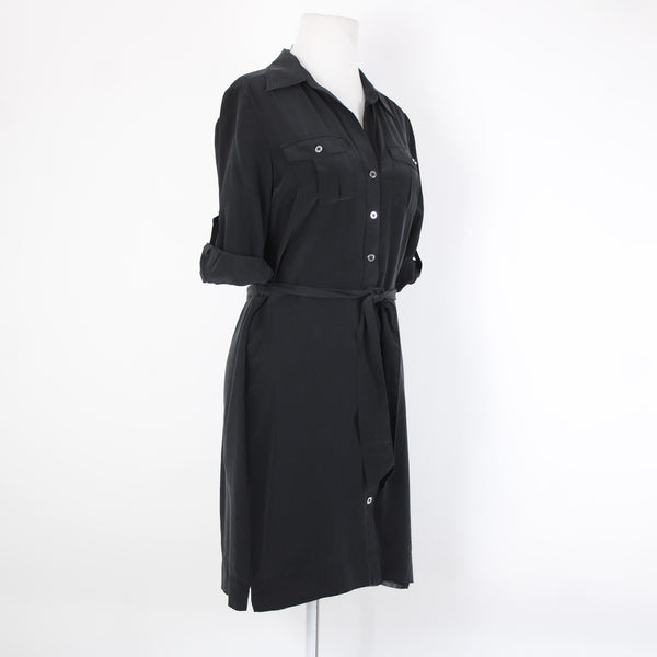 White House Black Market Silk Sz 2 Black Buttons Belted Collared Silk Poly Dress