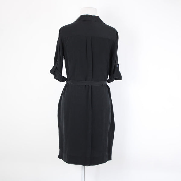 White House Black Market Silk Sz 2 Black Buttons Belted Collared Silk Poly Dress