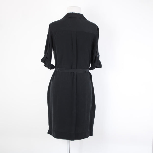 White House Black Market Silk Sz 2 Black Buttons Belted Collared Silk Poly Dress