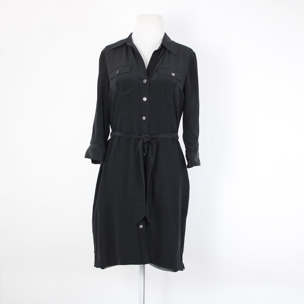 White House Black Market Silk Sz 2 Black Buttons Belted Collared Silk Poly Dress
