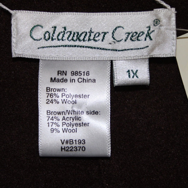 Coldwater Creek NEW $99 Sz 1X Brown Cream Pockets Polyester Wool Jacket