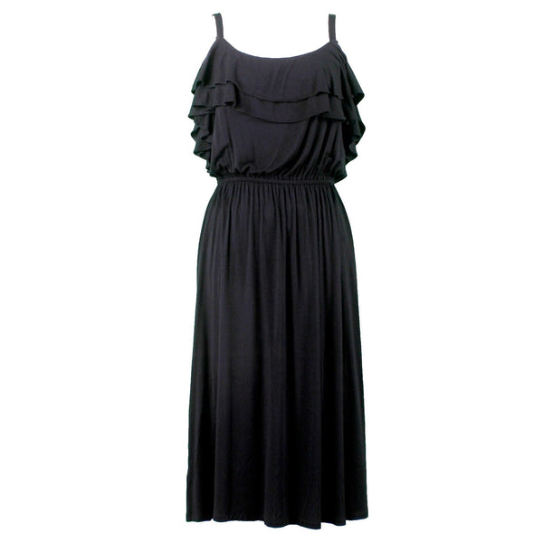 Loft Sz S Black Double Scoop Ruffle Cold Shoulder Rayon Blend Midi Knit Dress