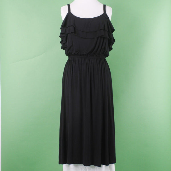 Loft Sz S Black Double Scoop Ruffle Cold Shoulder Rayon Blend Midi Knit Dress