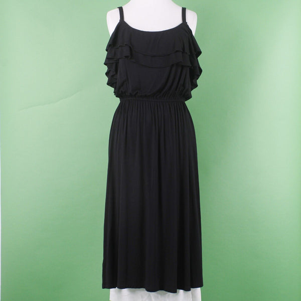 Loft Sz S Black Double Scoop Ruffle Cold Shoulder Rayon Blend Midi Knit Dress