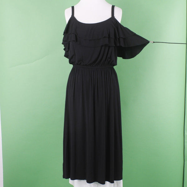Loft Sz S Black Double Scoop Ruffle Cold Shoulder Rayon Blend Midi Knit Dress