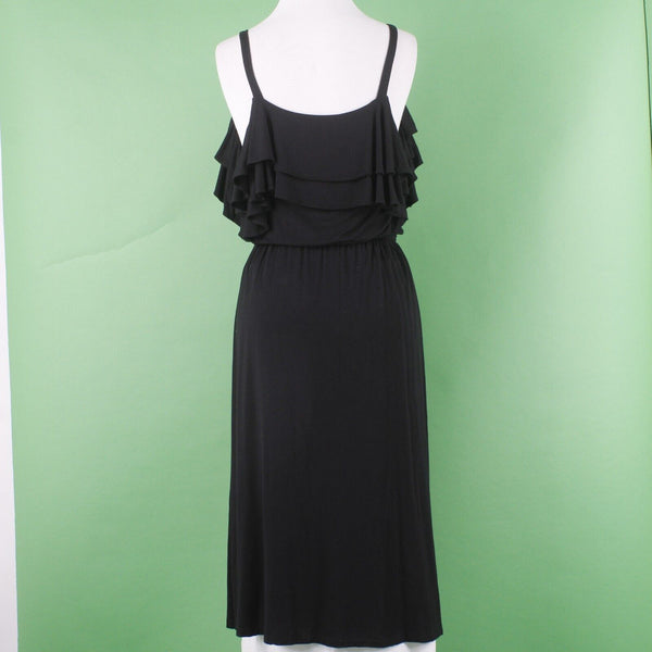 Loft Sz S Black Double Scoop Ruffle Cold Shoulder Rayon Blend Midi Knit Dress