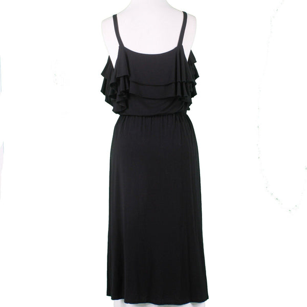 Loft Sz S Black Double Scoop Ruffle Cold Shoulder Rayon Blend Midi Knit Dress