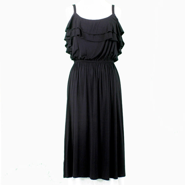 Loft Sz S Black Double Scoop Ruffle Cold Shoulder Rayon Blend Midi Knit Dress