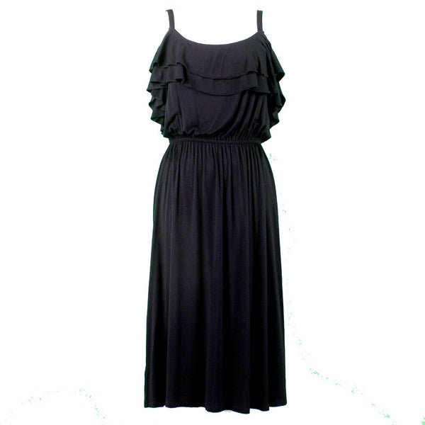 Loft Sz S Black Double Scoop Ruffle Cold Shoulder Rayon Blend Midi Knit Dress