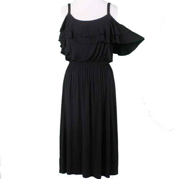 Loft Sz S Black Double Scoop Ruffle Cold Shoulder Rayon Blend Midi Knit Dress
