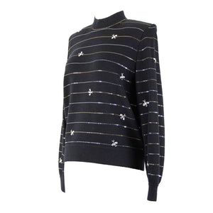 St John Evening Sz S Black Gold Rhinestones Paillettes Bees Santana Knit Sweater