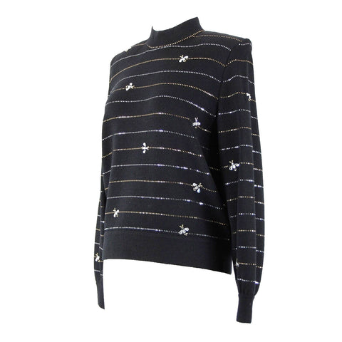 St John Evening Sz S Black Gold Rhinestones Paillettes Bees Santana Knit Sweater