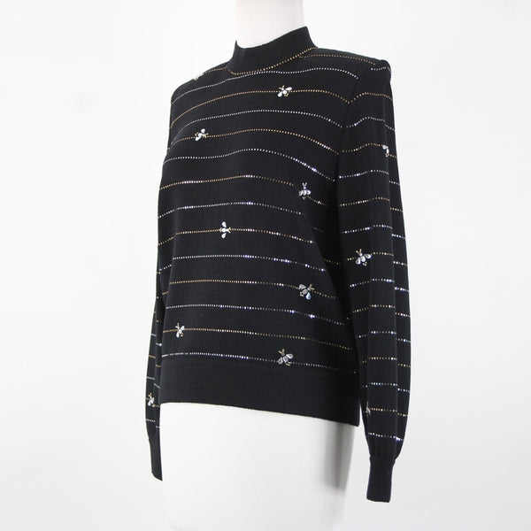 St John Evening Sz S Black Gold Rhinestones Paillettes Bees Santana Knit Sweater