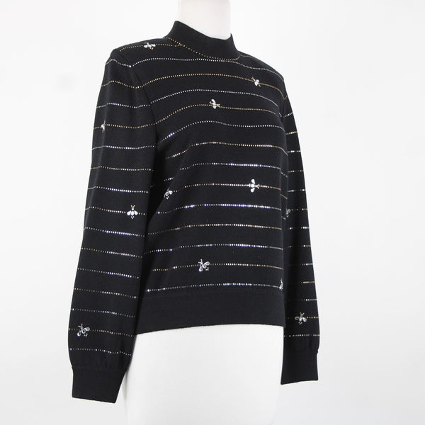 St John Evening Sz S Black Gold Rhinestones Paillettes Bees Santana Knit Sweater