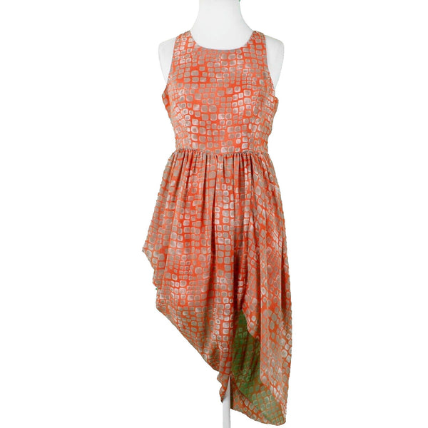 Mustard Seed Sz M Orange Tan Lined Asymmetric Drape Fit n Flare Poly Woven Dress