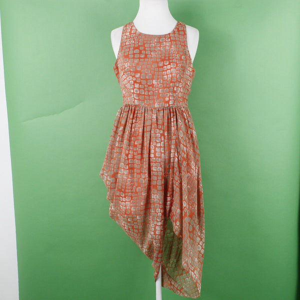 Mustard Seed Sz M Orange Tan Lined Asymmetric Drape Fit n Flare Poly Woven Dress