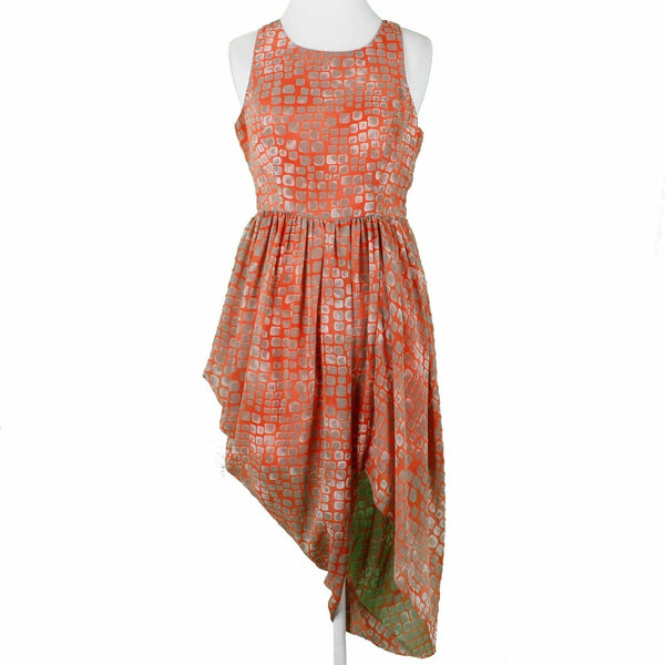 Mustard Seed Sz M Orange Tan Lined Asymmetric Drape Fit n Flare Poly Woven Dress
