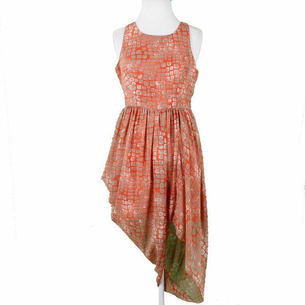 Mustard Seed Sz M Orange Tan Lined Asymmetric Drape Fit n Flare Poly Woven Dress