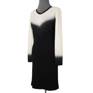 Toula Sz 8 Cream Black Silver Rhinestones Body Con Santana Knit Wool Rayon Dress
