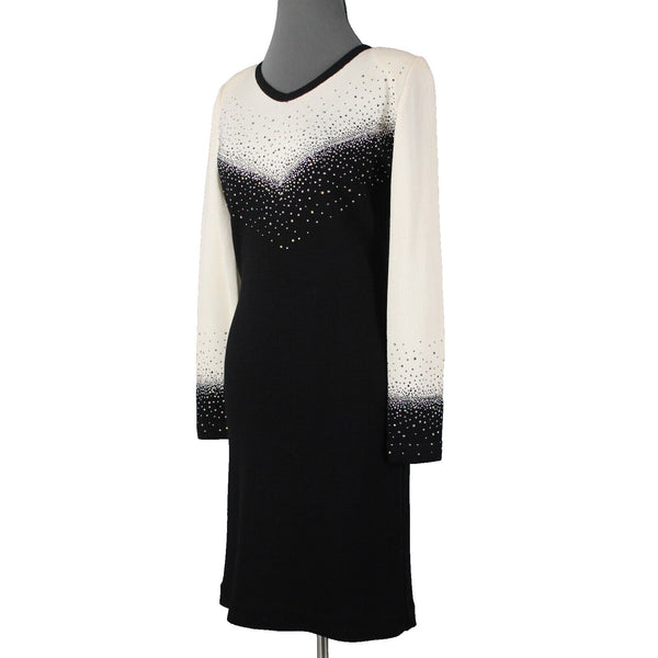 Toula Sz 8 Cream Black Silver Rhinestones Body Con Santana Knit Wool Rayon Dress