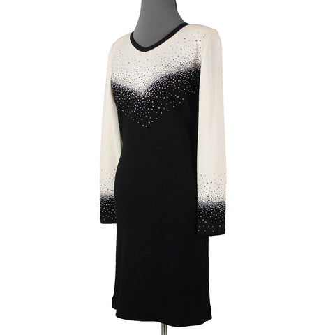 Toula Sz 8 Cream Black Silver Rhinestones Body Con Santana Knit Wool Rayon Dress