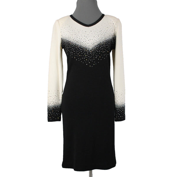 Toula Sz 8 Cream Black Silver Rhinestones Body Con Santana Knit Wool Rayon Dress