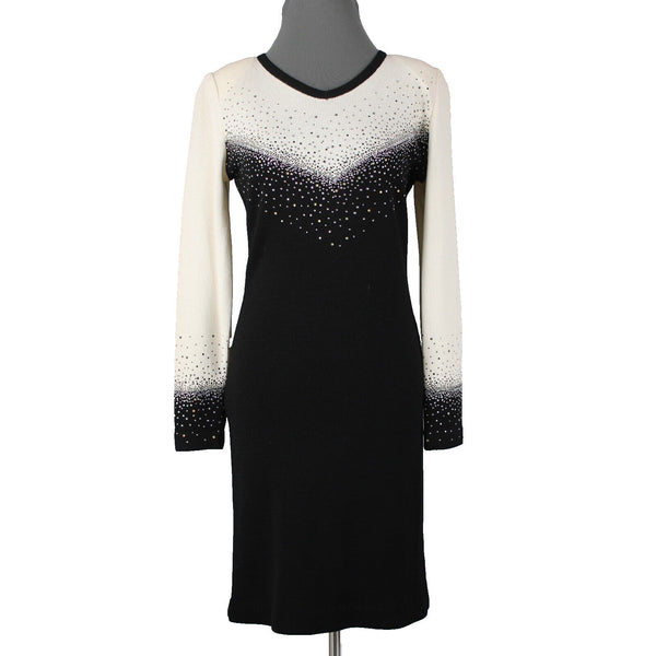 Toula Sz 8 Cream Black Silver Rhinestones Body Con Santana Knit Wool Rayon Dress