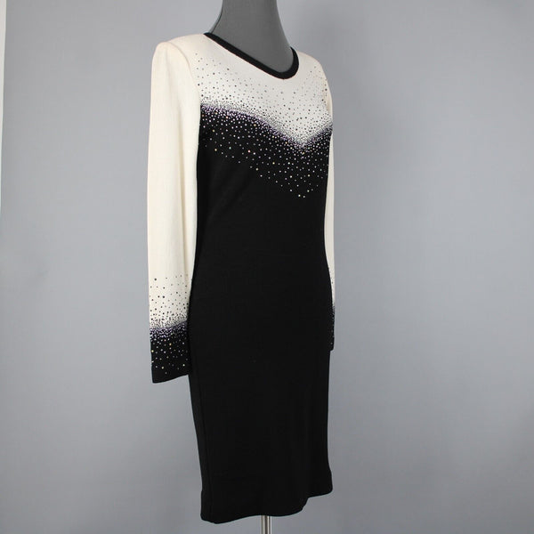 Toula Sz 8 Cream Black Silver Rhinestones Body Con Santana Knit Wool Rayon Dress
