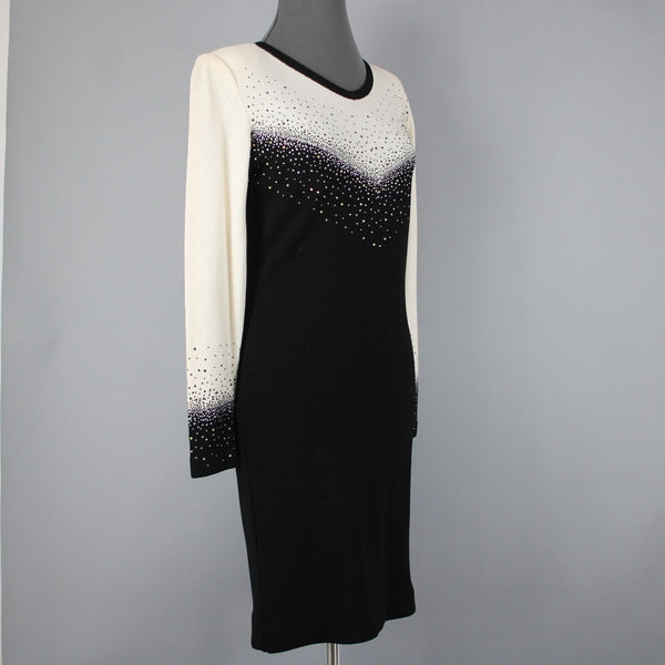 Toula Sz 8 Cream Black Silver Rhinestones Body Con Santana Knit Wool Rayon Dress
