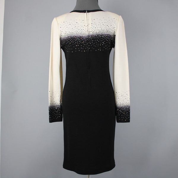 Toula Sz 8 Cream Black Silver Rhinestones Body Con Santana Knit Wool Rayon Dress
