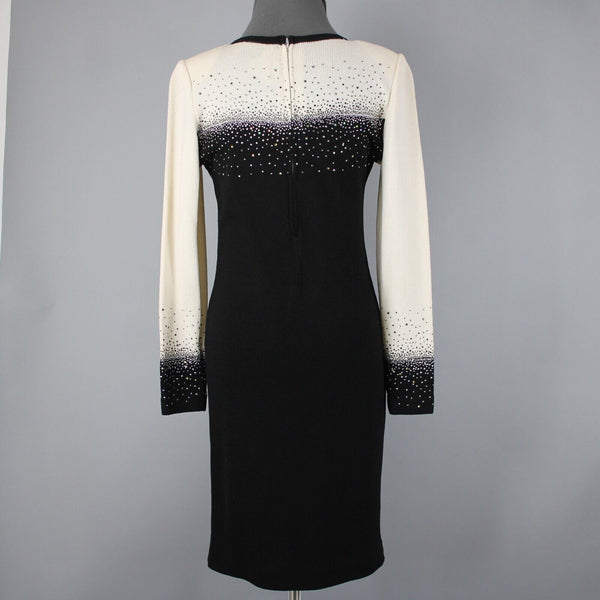 Toula Sz 8 Cream Black Silver Rhinestones Body Con Santana Knit Wool Rayon Dress