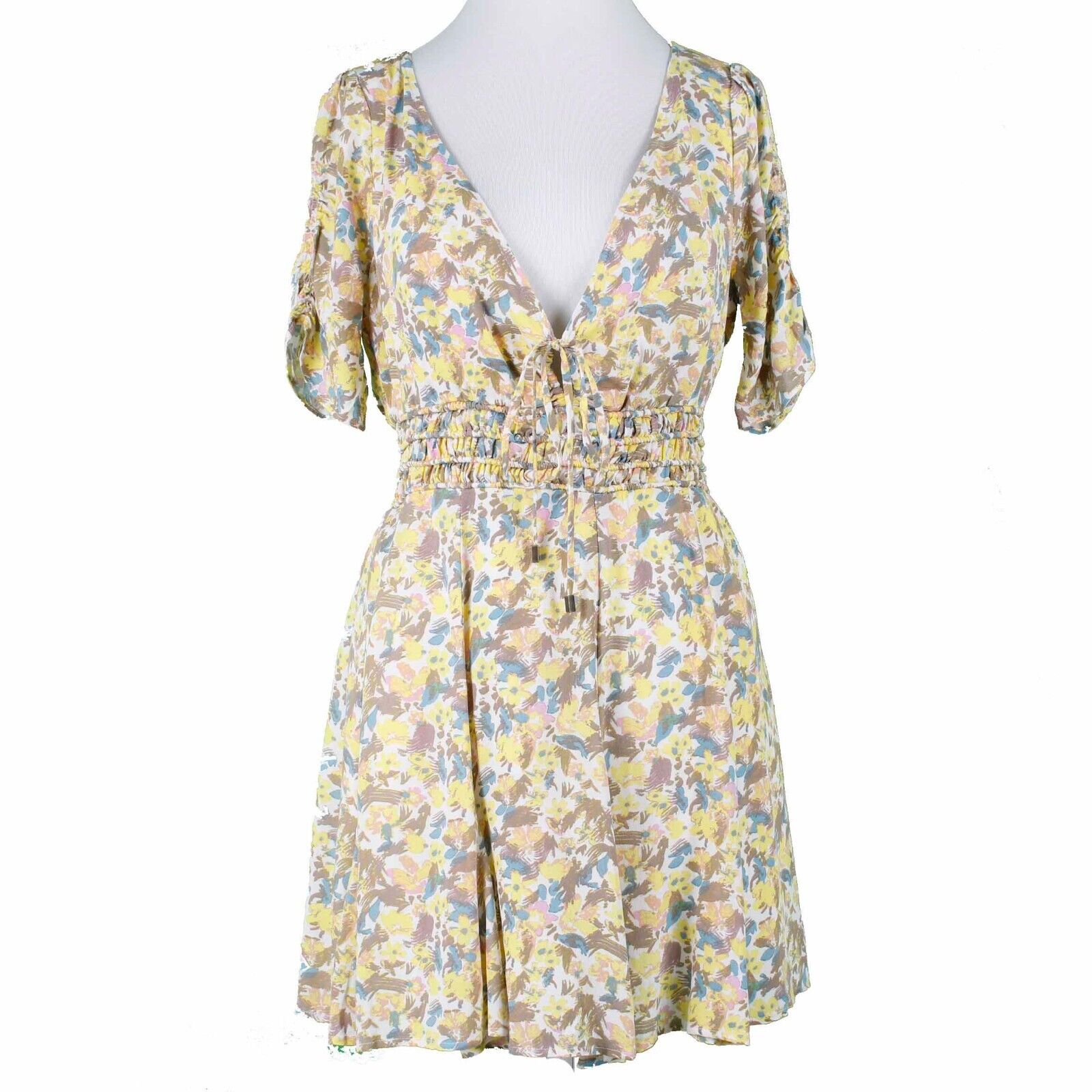 Free People NEW $128 Sz 6 Yellow Multi Floral Lined V Tie Smocked Viscose Dress