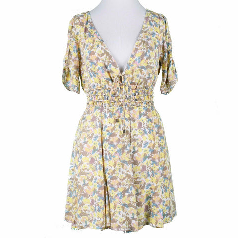 Free People NEW $128 Sz 6 Yellow Multi Floral Lined V Tie Smocked Viscose Dress