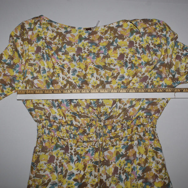 Free People NEW $128 Sz 6 Yellow Multi Floral Lined V Tie Smocked Viscose Dress
