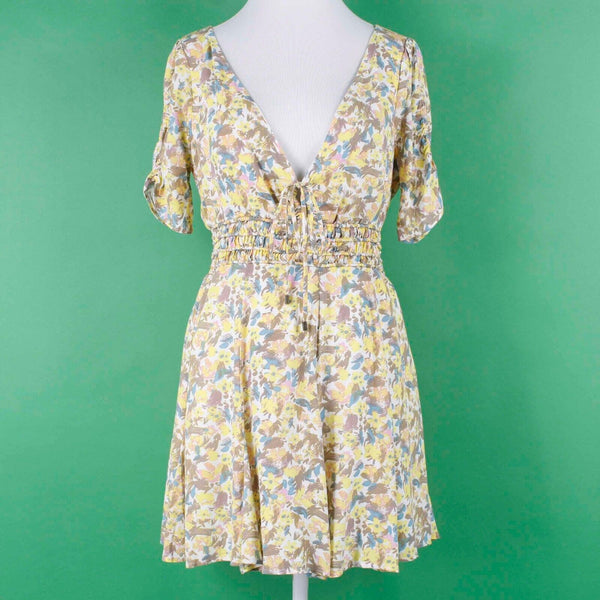 Free People NEW $128 Sz 6 Yellow Multi Floral Lined V Tie Smocked Viscose Dress