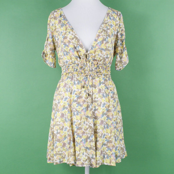 Free People NEW $128 Sz 6 Yellow Multi Floral Lined V Tie Smocked Viscose Dress