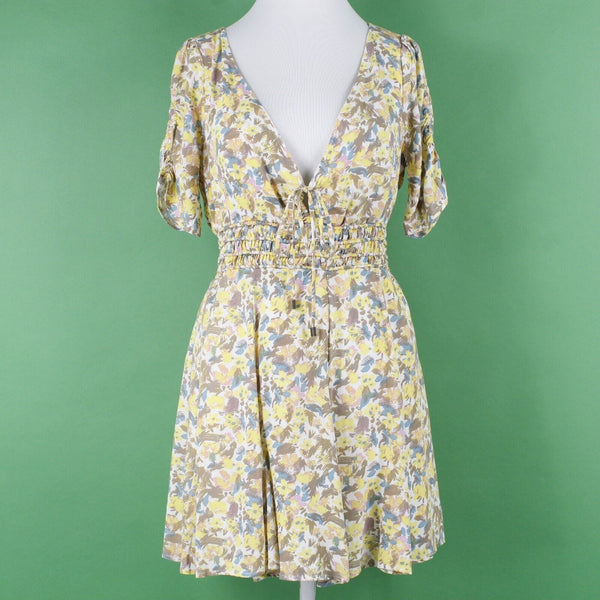 Free People NEW $128 Sz 6 Yellow Multi Floral Lined V Tie Smocked Viscose Dress