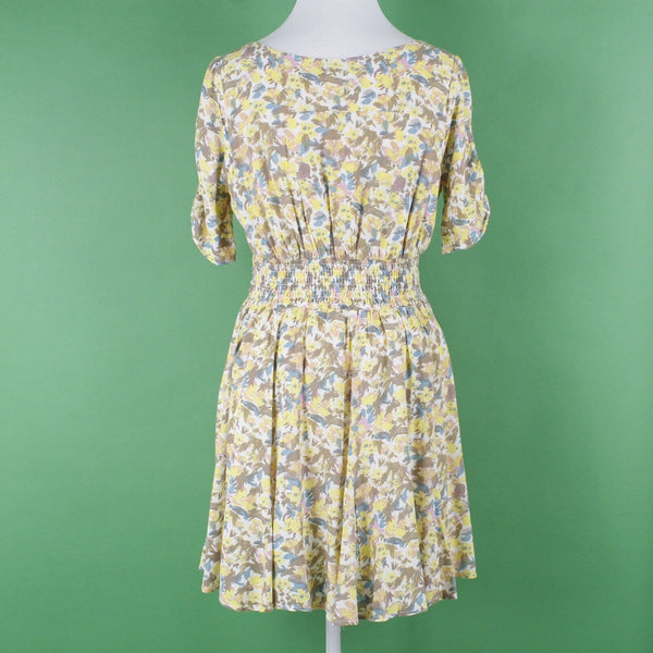 Free People NEW $128 Sz 6 Yellow Multi Floral Lined V Tie Smocked Viscose Dress