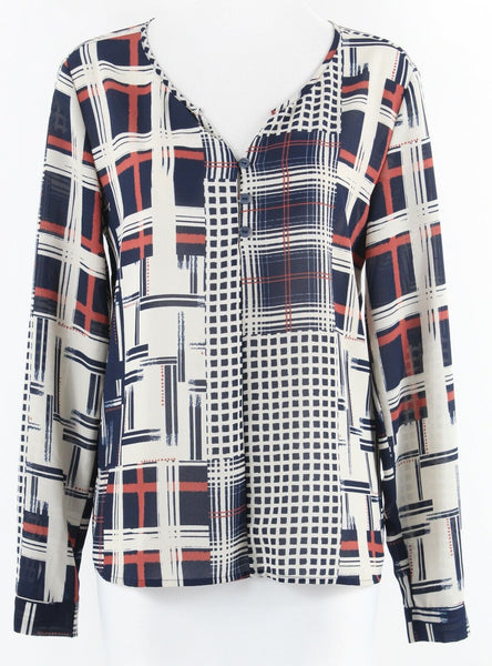 Sanctuary Sz XS Cream Navy Blue Cream Rust Side Split Hi Lo 100% Polyester Top