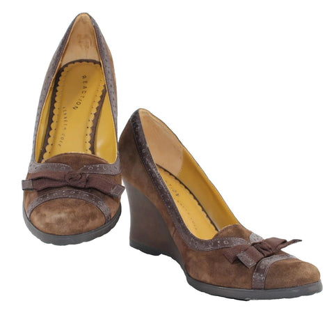 Kenneth Cole Reaction PETE LOW Sz 6 Brown Suede Grogrn Bow Wood Wedge Heels 663O