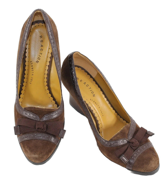 Kenneth Cole Reaction PETE LOW Sz 6 Brown Suede Grogrn Bow Wood Wedge Heels 663O