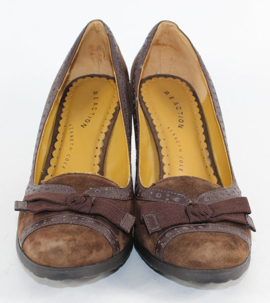 Kenneth Cole Reaction PETE LOW Sz 6 Brown Suede Grogrn Bow Wood Wedge Heels 663O